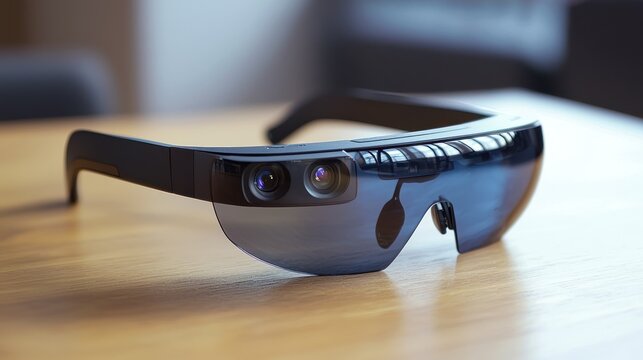 A pair of black glasses with a black frame and black lenses, placed on a wooden table with a blurred background. - Powered by Adobe