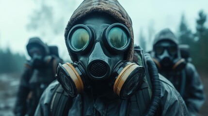 Figures in gas masks traverse a haunting, foggy landscape, symbolizing resilience and survival in a world marred by environmental disaster or societal collapse.
