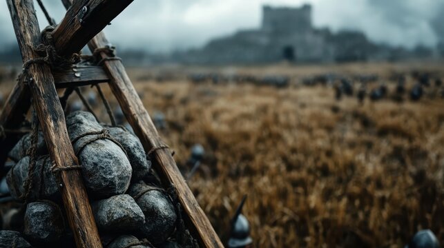 A striking medieval trebuchet stands ready to launch stones, symbolizing the power of siege warfare during historic conflicts and the engineering prowess of the time.