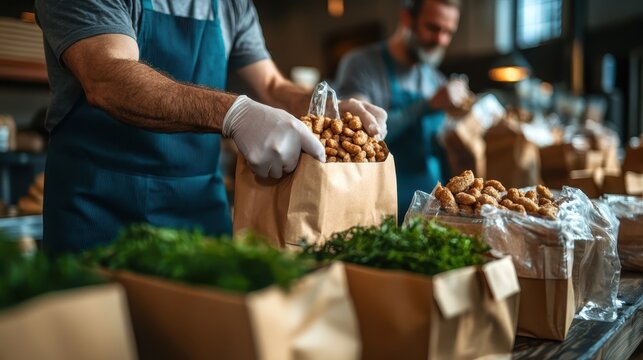 Dedicated volunteers prepare nutritious food packages in a welcoming space, aiming to support their community through thoughtful acts of kindness and generosity in service efforts.