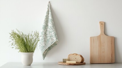towel hanging in the kitchen on the table lies bread light background