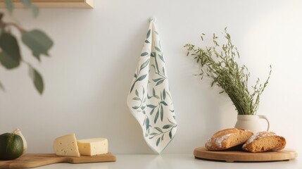 towel hanging in the kitchen on the table lies bread light background