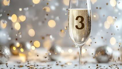 Champagne flute with number 3, celebratory confetti and lights