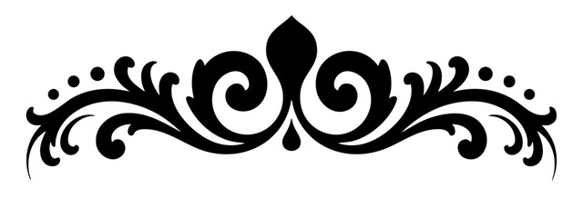 Elegant black ornamental flourish with swirling patterns and dots isolated on transparent background