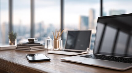 Fototapeta premium Modern office workspace with laptops, smartphone, and stationery on a wooden desk.