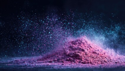 Pink powder pile with blue and purple particles levitating, dark background