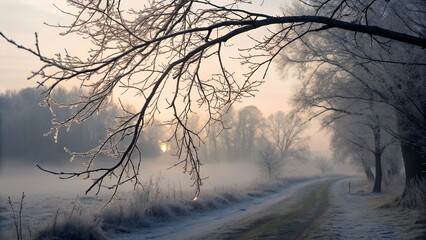 Bare branches coated with ice, fading into frozen mist — soft isolation