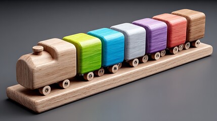Wooden toy train with colorful cars