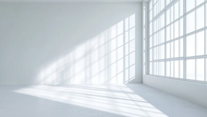 Obraz premium Empty white room with large window. Sunlight casts shadows
