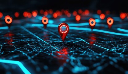 Digital map with glowing red location pins