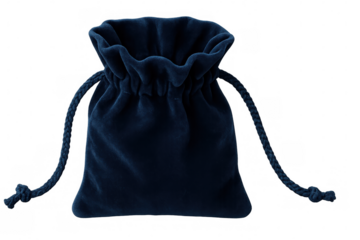 Studio shot of a small blue velvet bag with a drawstring, isolated on a transparent background
