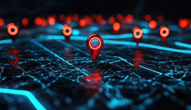 Digital map with glowing red location pins