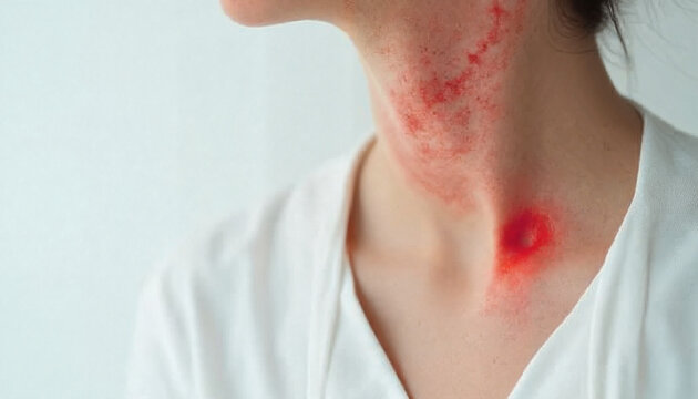 allergy acute anaphylaxis, Skin allergy reaction on neck, irritated and inflamed, close-up detail, medical context