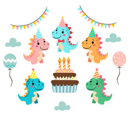 Fototapeta premium Cute Dinosaur Birthday Party Vector Set