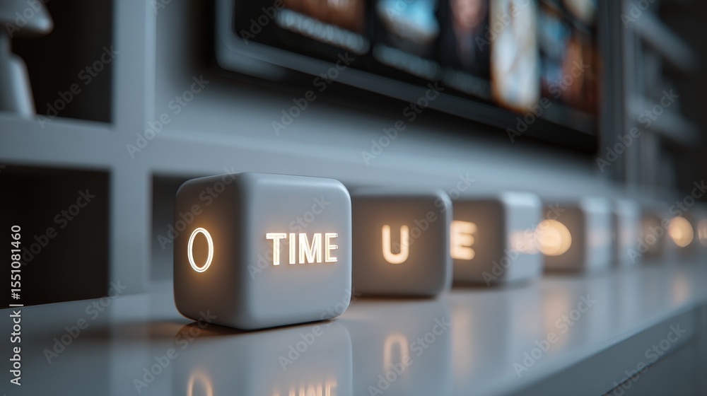 Poster stylish time display with illuminated blocks on modern shelf, highlighting the essence of design.