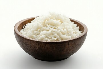 A wooden bowl overflowing with fresh, sweet, and finely shredded coconut flakes
