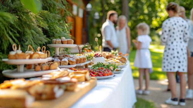 Outdoor garden party with diverse adults and children enjoying buffet