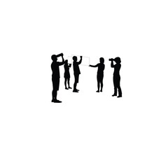 Silhouette of a group using AR glasses to collaborate on a design on white background
