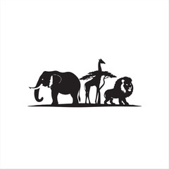 Obraz premium Elegant black and white vector silhouette logo stylized elephant, giraffe, lion, and acacia tree in a balanced horizontal composition.