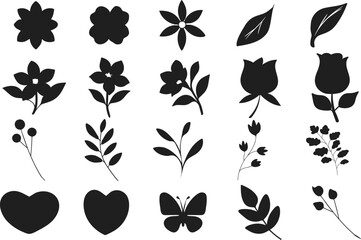 Collection of black daisy flower silhouette icons isolated on white background for vector design. Hand drawn decorative elements of flower, butterfly, leaf and heart shapes.