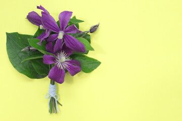 Small Purple Clematis Bouquet on Yellow Background with Copy Space