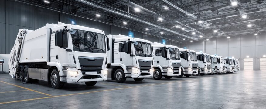 The fleet of modern garbage trucks lined up in an industrial warehouse setting