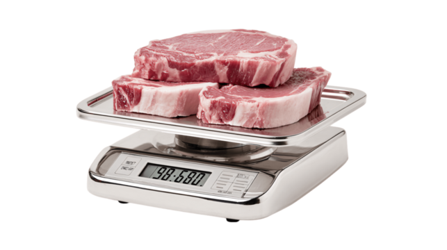 A chrome-plated digital meat scale, white background --ar 16:9