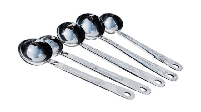 A chrome-plated stainless measuring spoons, white background --ar 16:9