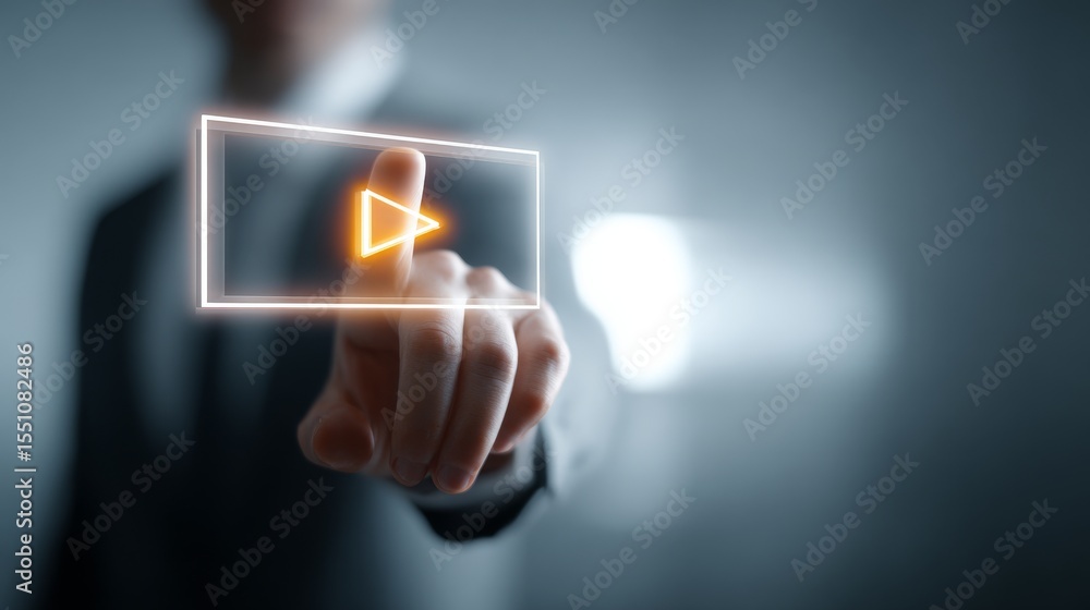 Poster a businessman interacting with a digital play button interface.