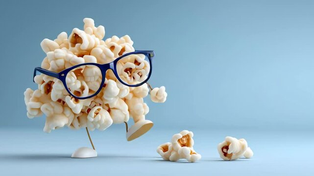 Playful popcorn character wearing oversized glasses is joyfully dancing on a blue background, showcasing a whimsical and fun atmosphere, perfect for food-related themes and entertainment concepts