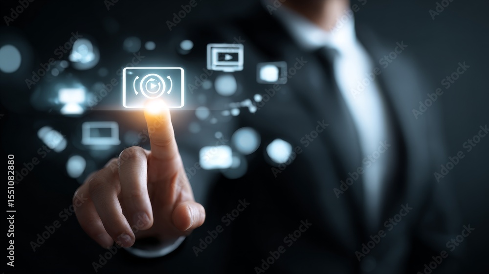 Poster a businessman using a touchscreen interface with digital icons for modern technology.