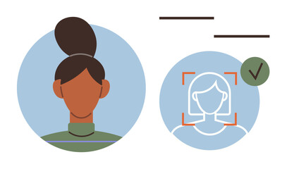 Profile verification with user avatar and biometric facial recognition system interface. Ideal for security, technology, identity, authentication, account access, biometrics, simple flat metaphor