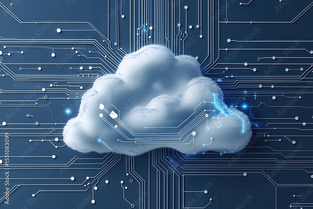 Poster cloud design featuring circuit lines representing data encryption and network connectivity