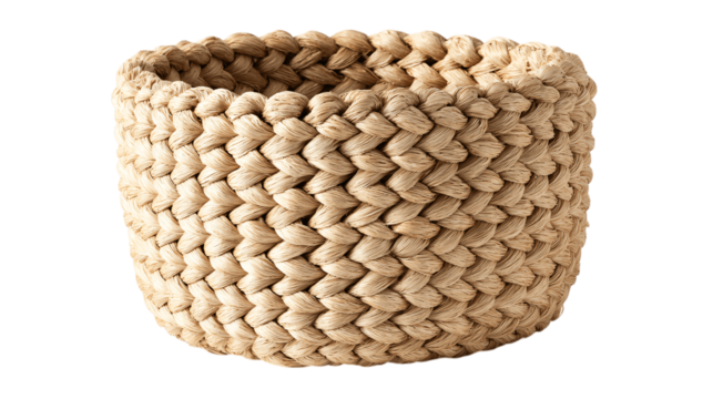 A ergonomic woven storage basket, white background --ar 16:9