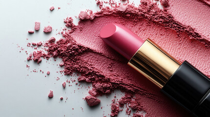 high-end lipstick with rose-tinted powder strokes on bright white background
