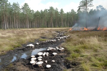 Wild Mushrooms Growing Near a Controlled Forest Fire in a Pine Forest