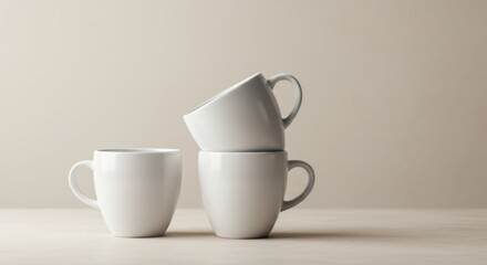 Three White Mugs on a Beige Table Minimalist Still Life Photography