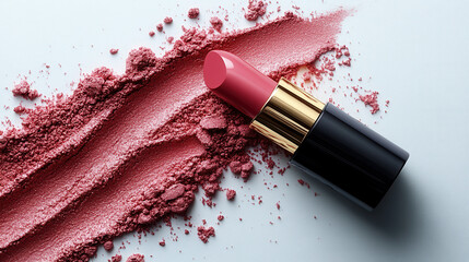 high-end lipstick with rose-tinted powder strokes on bright white background