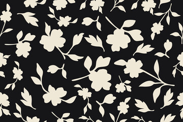 Minimal floral pattern with soft cream flowers and leaves on a deep black background elegant and timeless design perfect for fabric, fashion, and home d&eacute;cor.