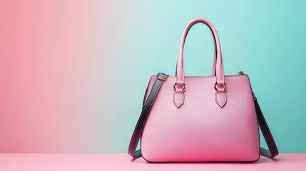A pink handbag with black straps and a black zipper, placed on a pink surface with a blue and pink gradient background.