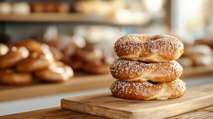 A tempting stack of freshly baked pretzels sprinkled with salt sits on a wooden board, showcasing the enticing textures and warmth of a delightful bakery atmosphere.