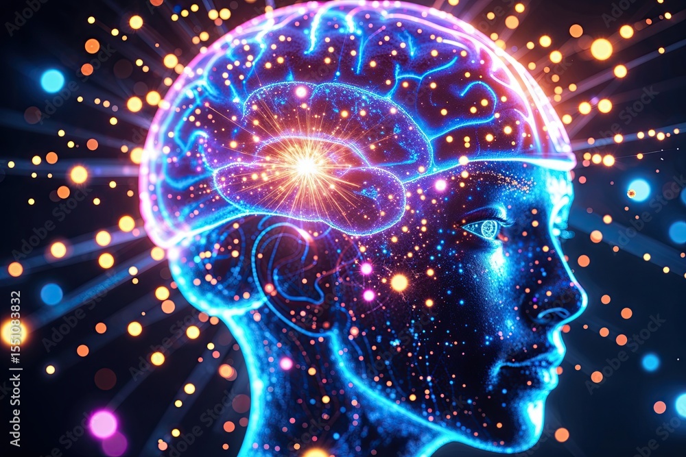 Poster innovative visualization of a glowing being with dynamic digital particles and a luminous brain inte