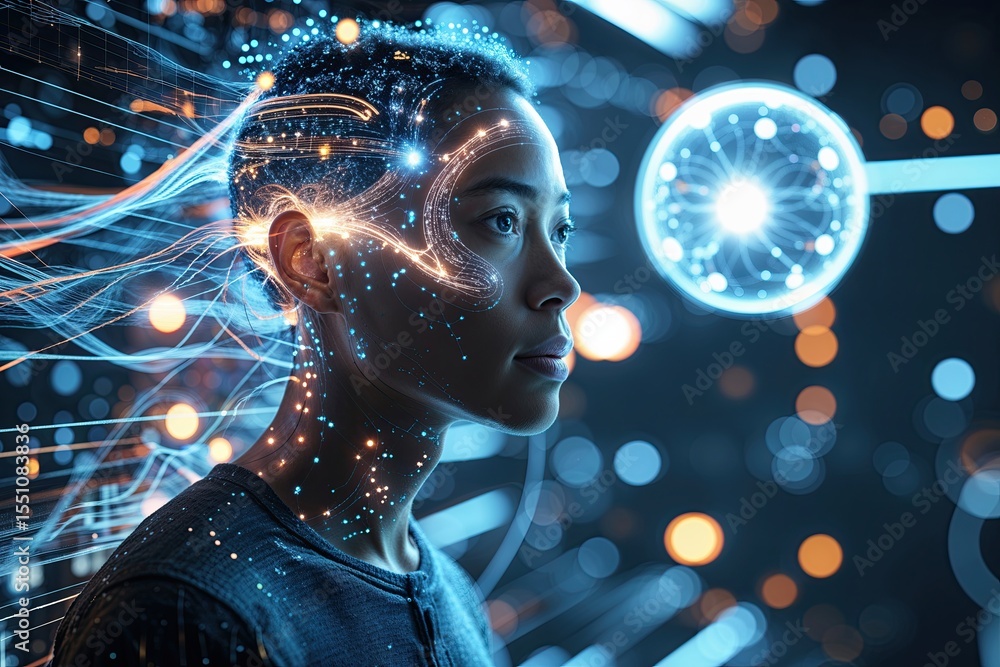 Poster vibrant portrait of a person with interactive data streams and glowing head interface