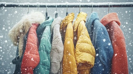 A colorful collection of winter coats hanging on a rack with a snowy background.