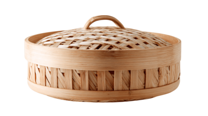 A minimalist bamboo steam basket, white background --ar 16:9