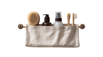 A minimalist hanging toiletry kit, white background --ar 16:9