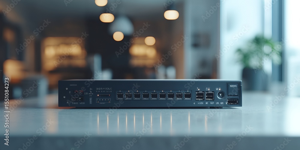 Aufkleber modern network switch device on table in blurred office background high tech data center equipment