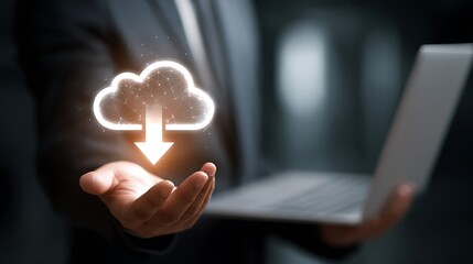 Vibrant photo of man is holding his hand out with an arrow pointing down and a cloud icon on it, with a laptop in the background. This is a high-quality photo of a businessman.