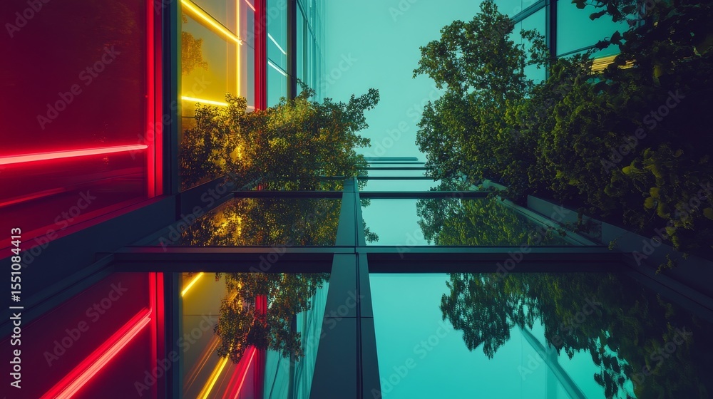 Wall mural a stunning view from beneath colorful neon lights. nature intertwines with modern architecture. this