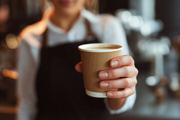 A waitress holding a paper cup of hot coffee in cafe